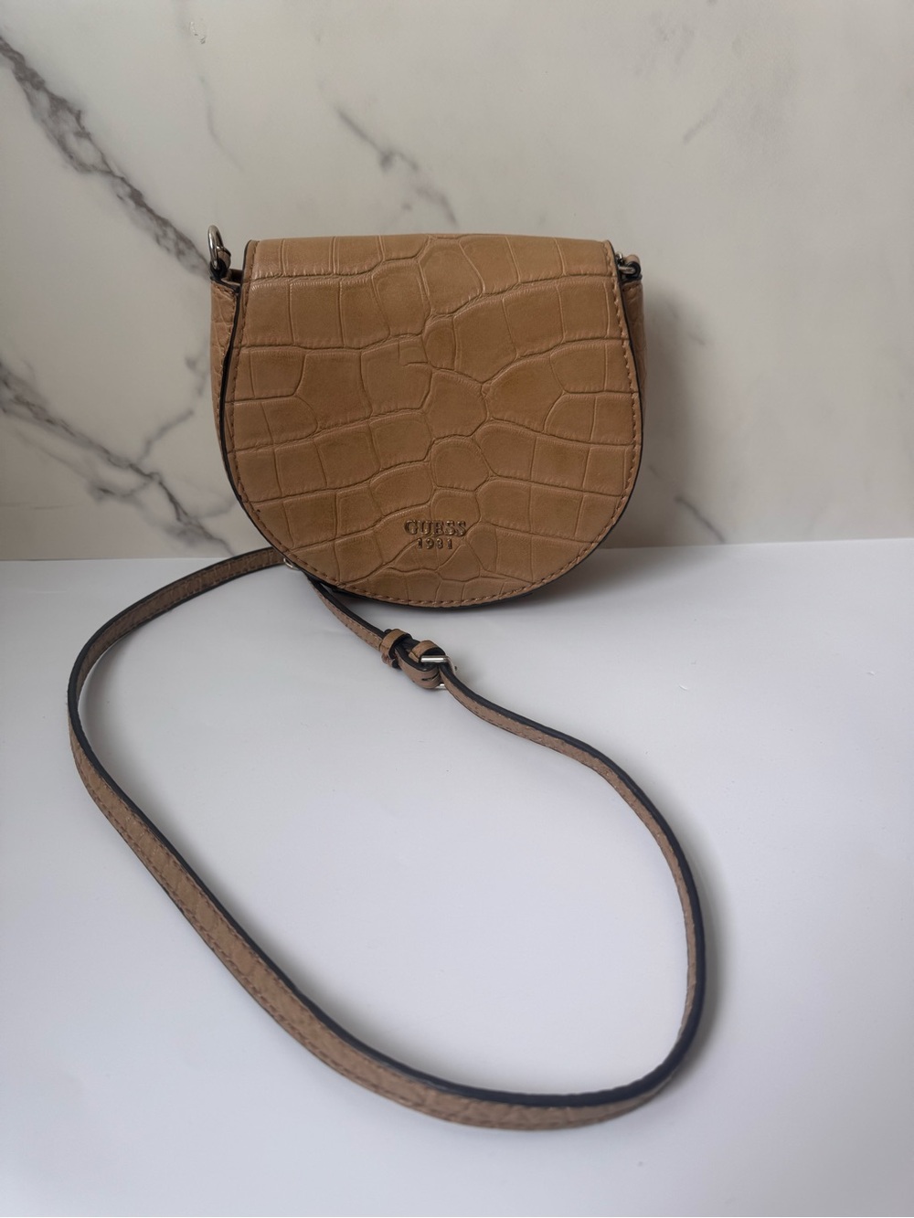Guess Croc-Embossed Mini Saddle Crossbody in Tan